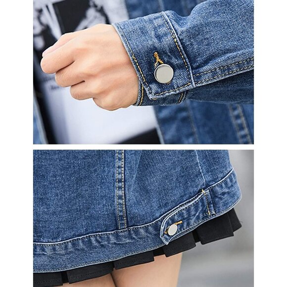 Women's Oversized Mid Long Denim Jacket Jean Biker Coat Long Sleeves Dark Blue - Picture 9 of 9